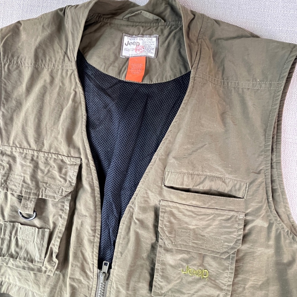 Jeep‎ Utility Cargo Vest Mens L Olive Green Multi-Pocket Mesh Lined Fishing Y2K